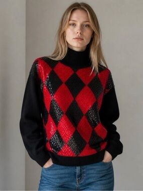 Vintage IB Diffusion Sequin Argyle Mock Neck Sweater Small maximalism